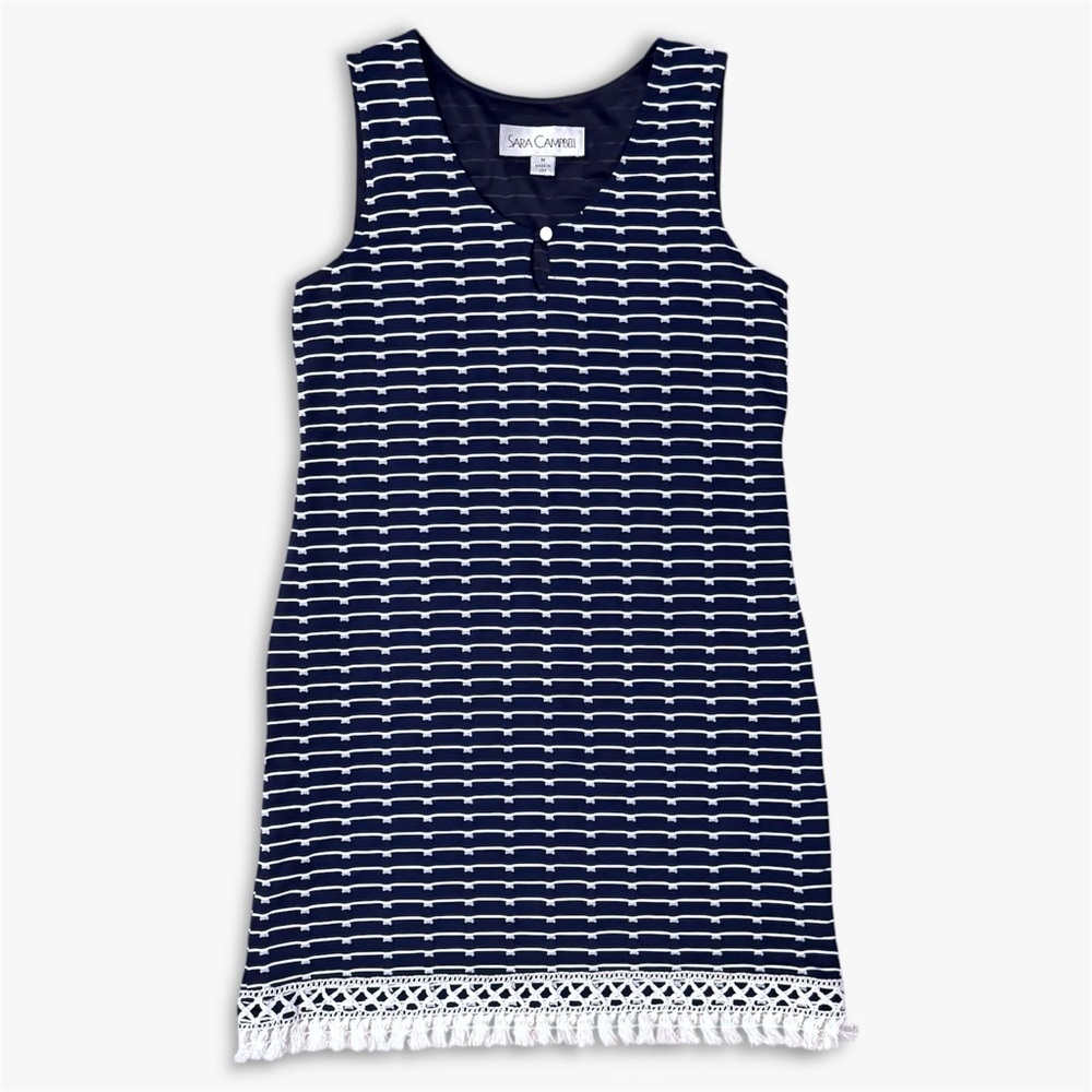 Sara Campbell Navy Stripe Shift Dress Tassel Fringe Hem Fully Lined Stretch M